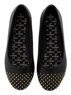 Vionic Bondi Gold Studded Leather Slip On Black Ballet Flats 7.5